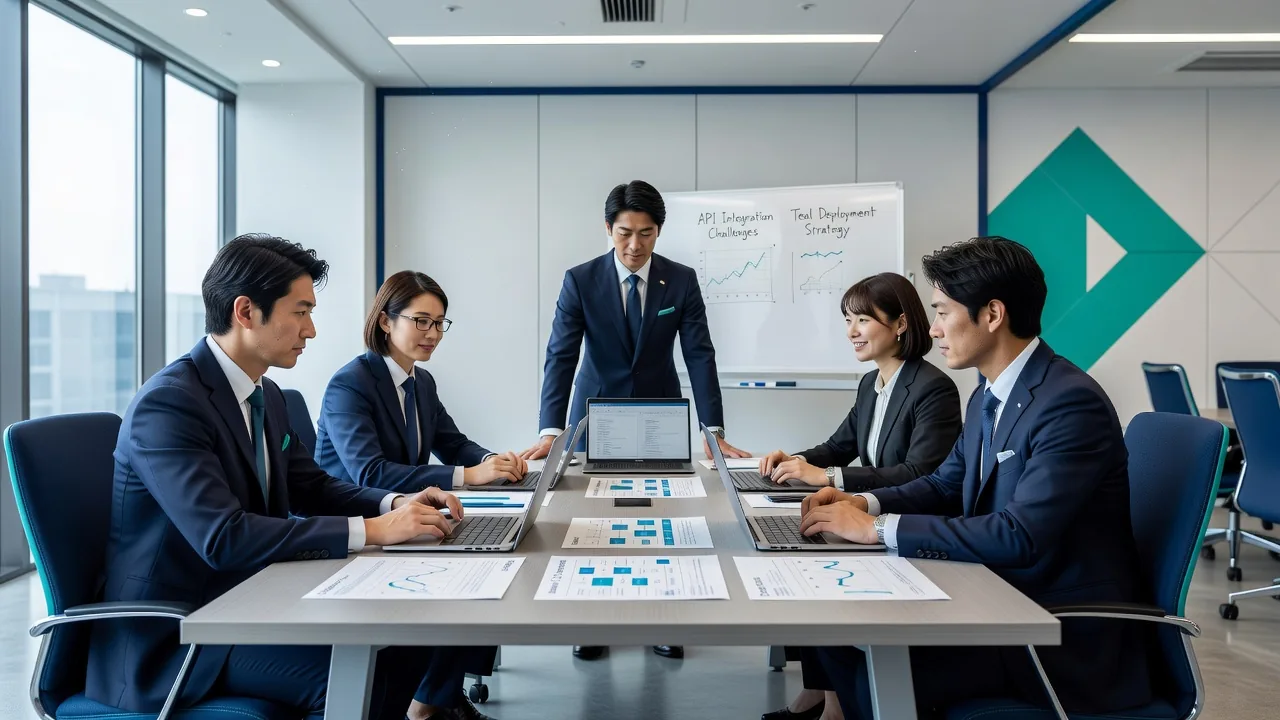 ネイビースーツを着た日本人ITエンジニアたちが会議テーブルで資料を囲んで議論している様子