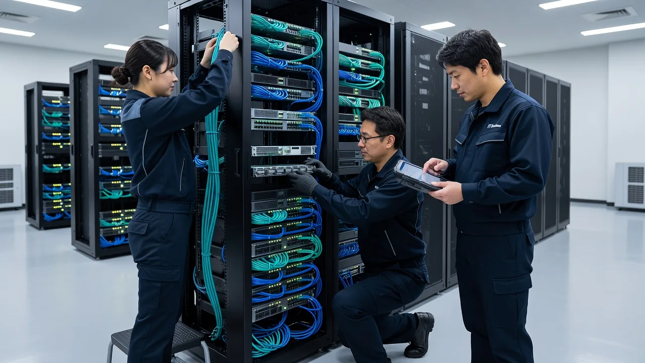 複数の技術者がオフィスでネットワーク配線工事を行っている